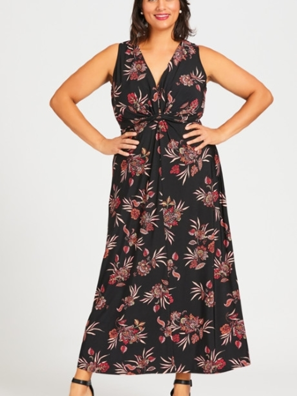 Avenue Size 30/32 Sleeveless Black Floral Twist-Front Maxi Dress